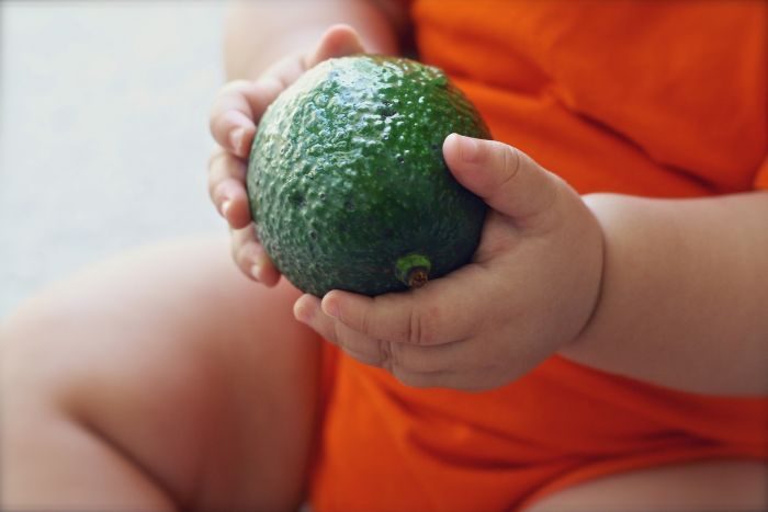 bebelus care tine in mana un avocado
